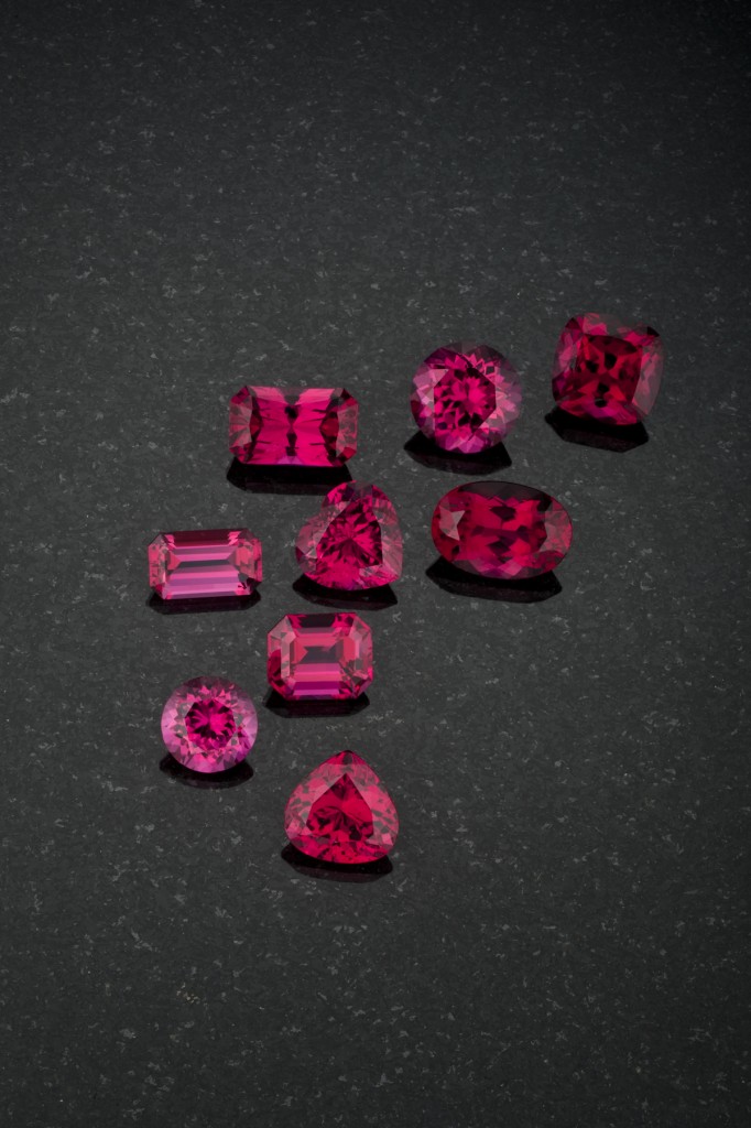 A range of hues in red tourmaline from Nigeria's Oyo Valley.  Note the exceptional transparency (crystal) in these gemstones 