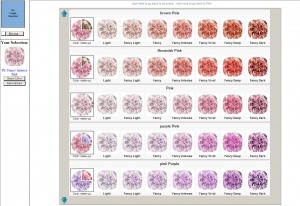 Gem-e-price screen showing range of primary and secondary hues in pink diamonds.  